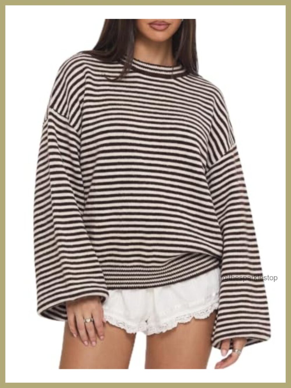 Oversized Striped Crewneck Sweater Balloon Sleeve Pullover Top